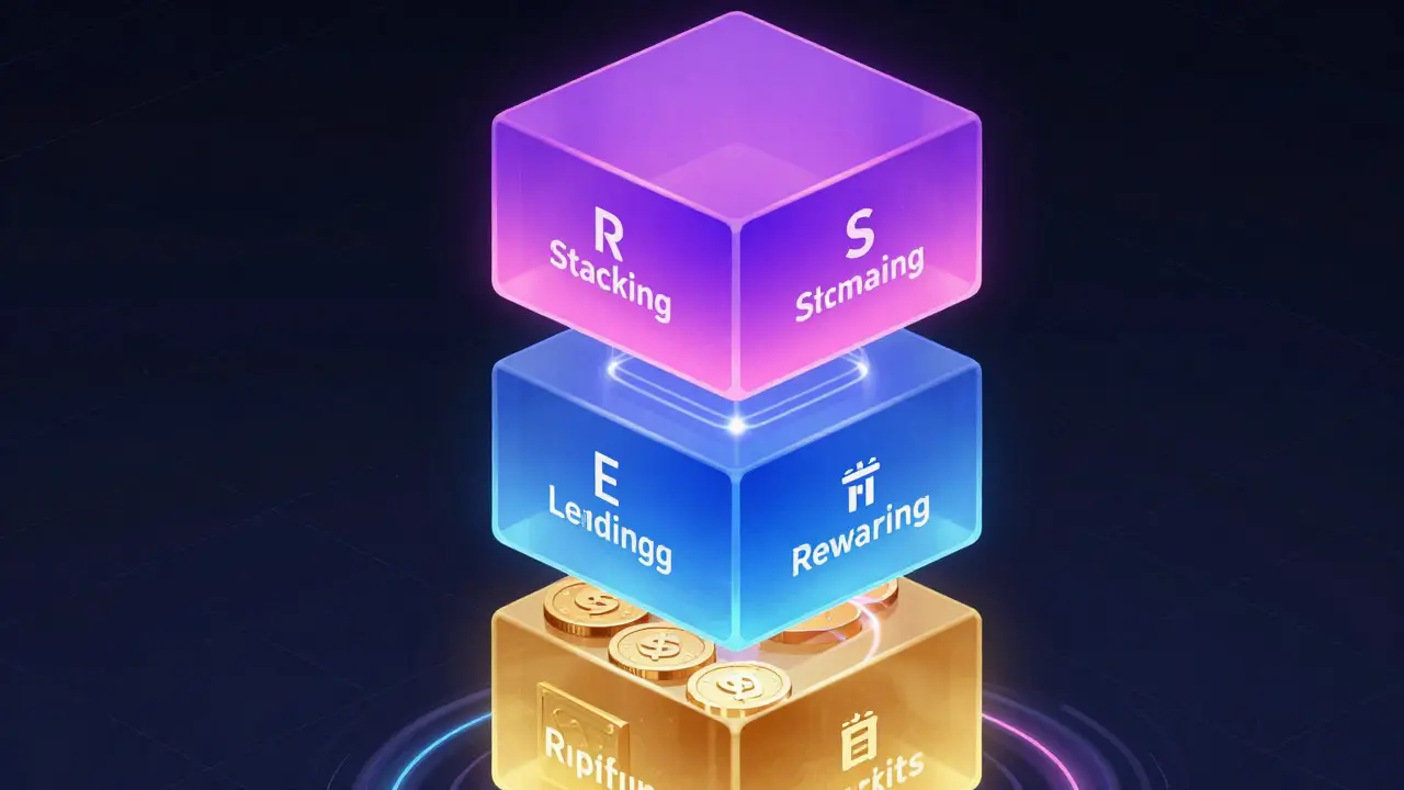 Futuristic illustration of stacked translucent cubes representing DeFi yield layers