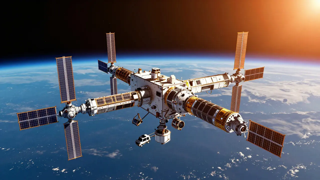 Futuristic space infrastructure with multiple satellites being serviced