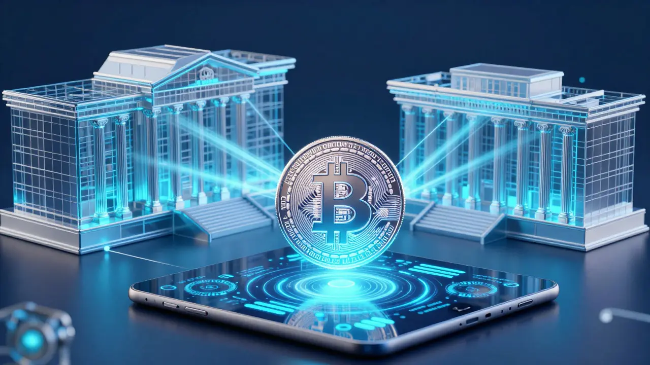 Glowing Bitcoin coin hovering over a tablet with digital data streams
