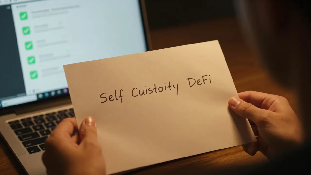 Hand holding written seed phrase for crypto wallet security