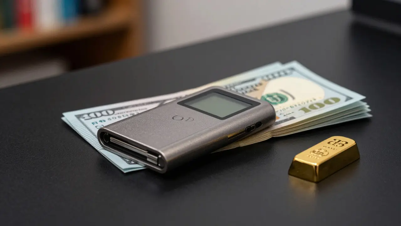 Hardware wallet and gold ingot on a desk beside banknotes