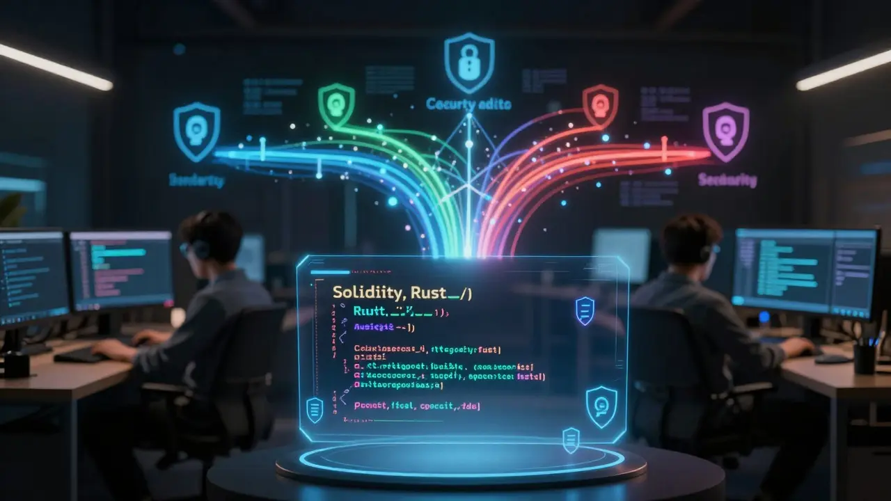 Holographic code and security shields in a futuristic developer workspace