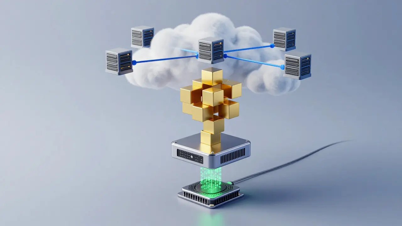 IoT sensor sending data through edge gateway to blockchain network