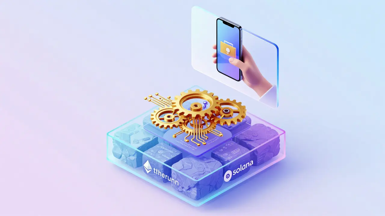 Isometric view of dApp three-layer architecture: blockchain, smart contracts, UI