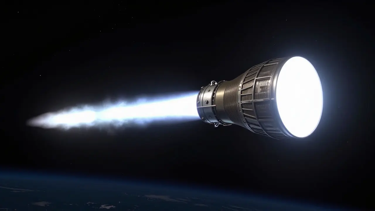 Long, slender vacuum rocket engine nozzle firing in space with a bright blue exhaust plume