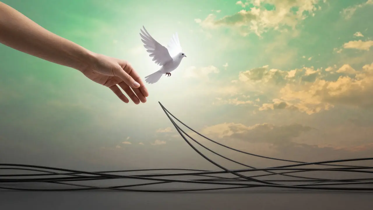 Paper dove flying up while tangled wires below untangle into straight lines