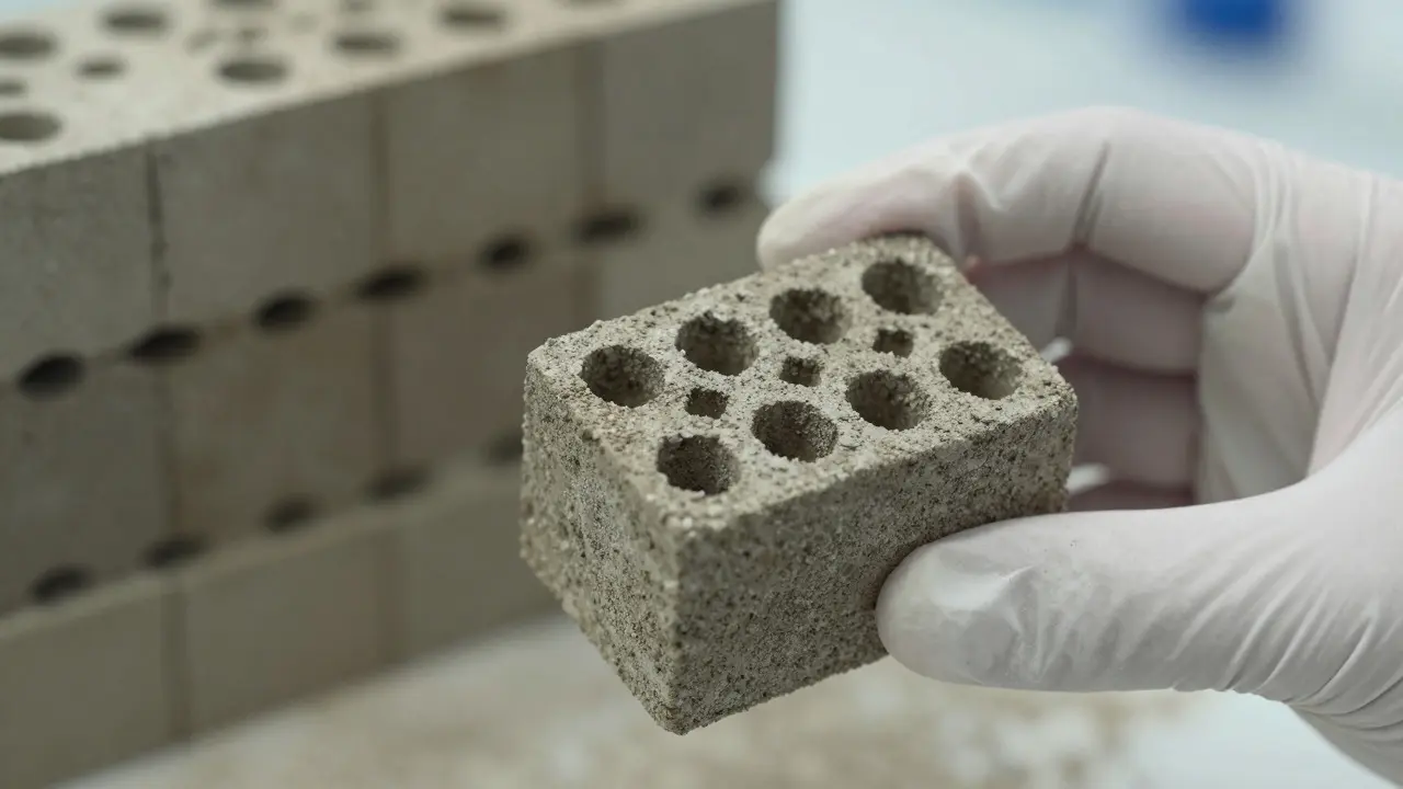 Researcher holding a modular brick made from lunar regolith