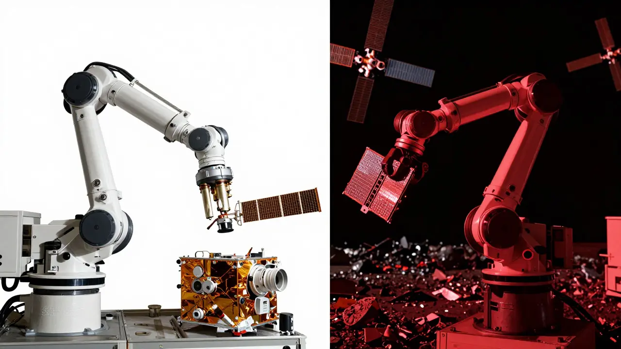 Robotic arm repairing vs capturing a satellite split view