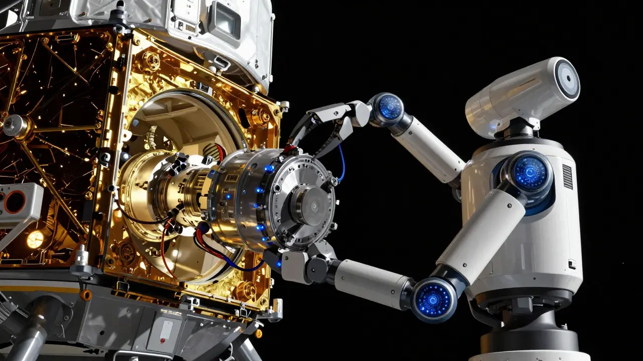 Robotic spacecraft servicing a space telescope in orbit