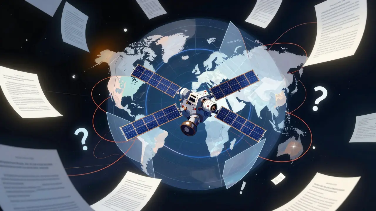Satellite surrounded by abstract legal shields and tangled strings