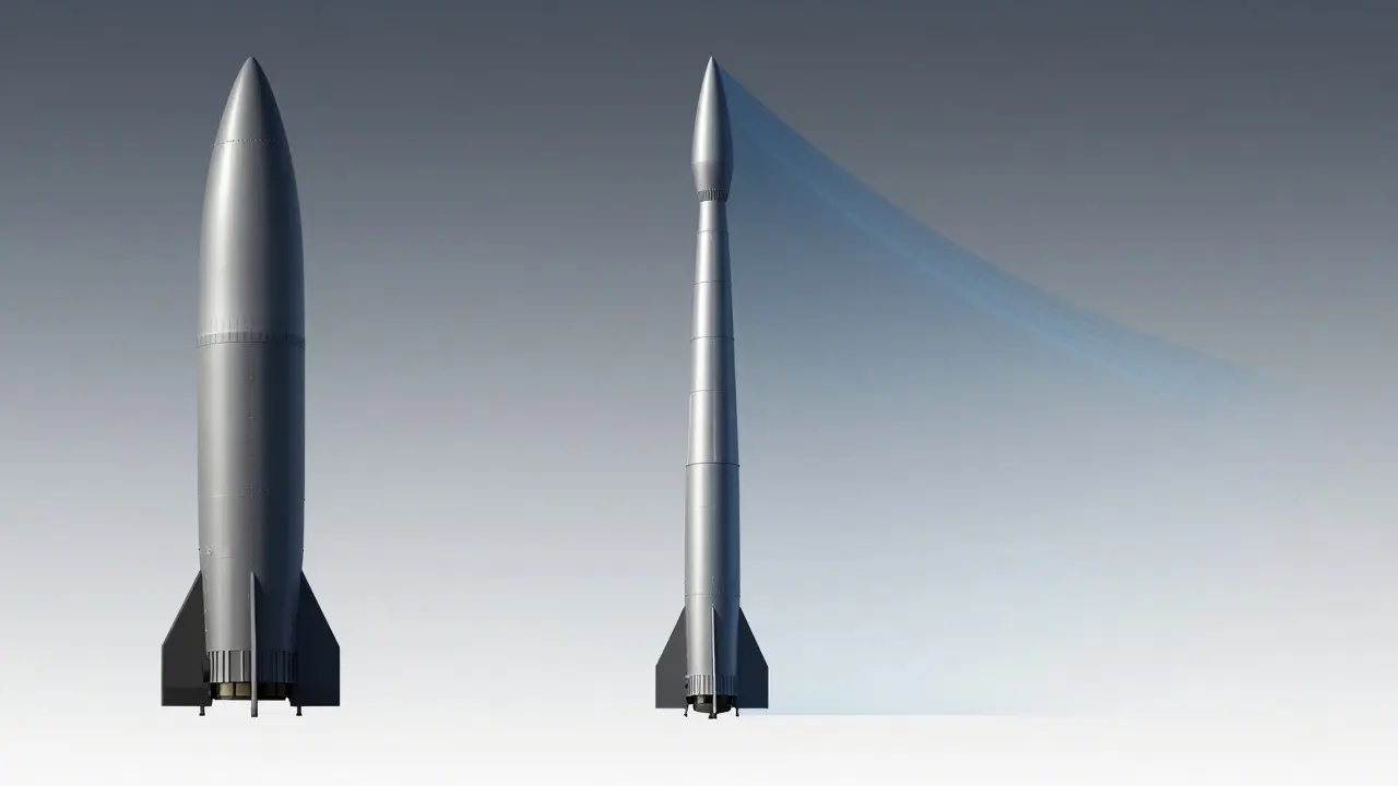 Side-by-side comparison of a short sea-level nozzle and a long vacuum nozzle design