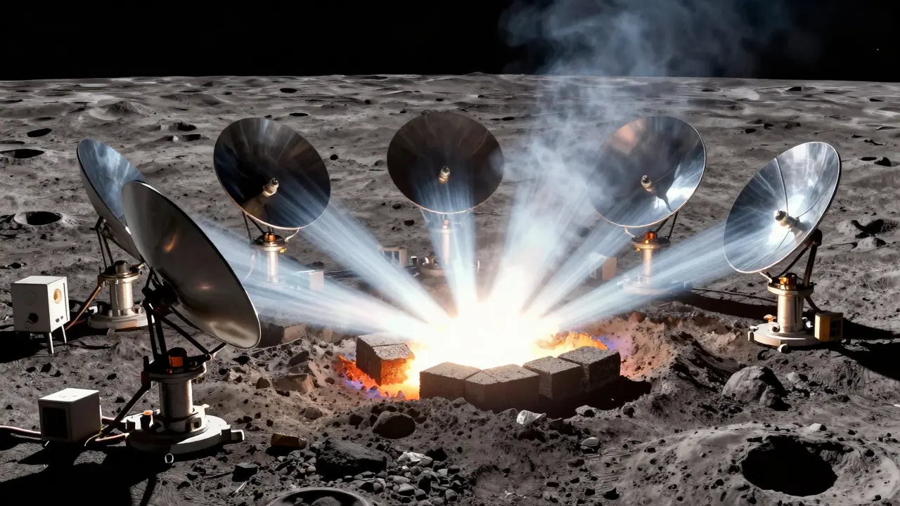 Solar mirrors melting moon dust into bricks on the lunar surface