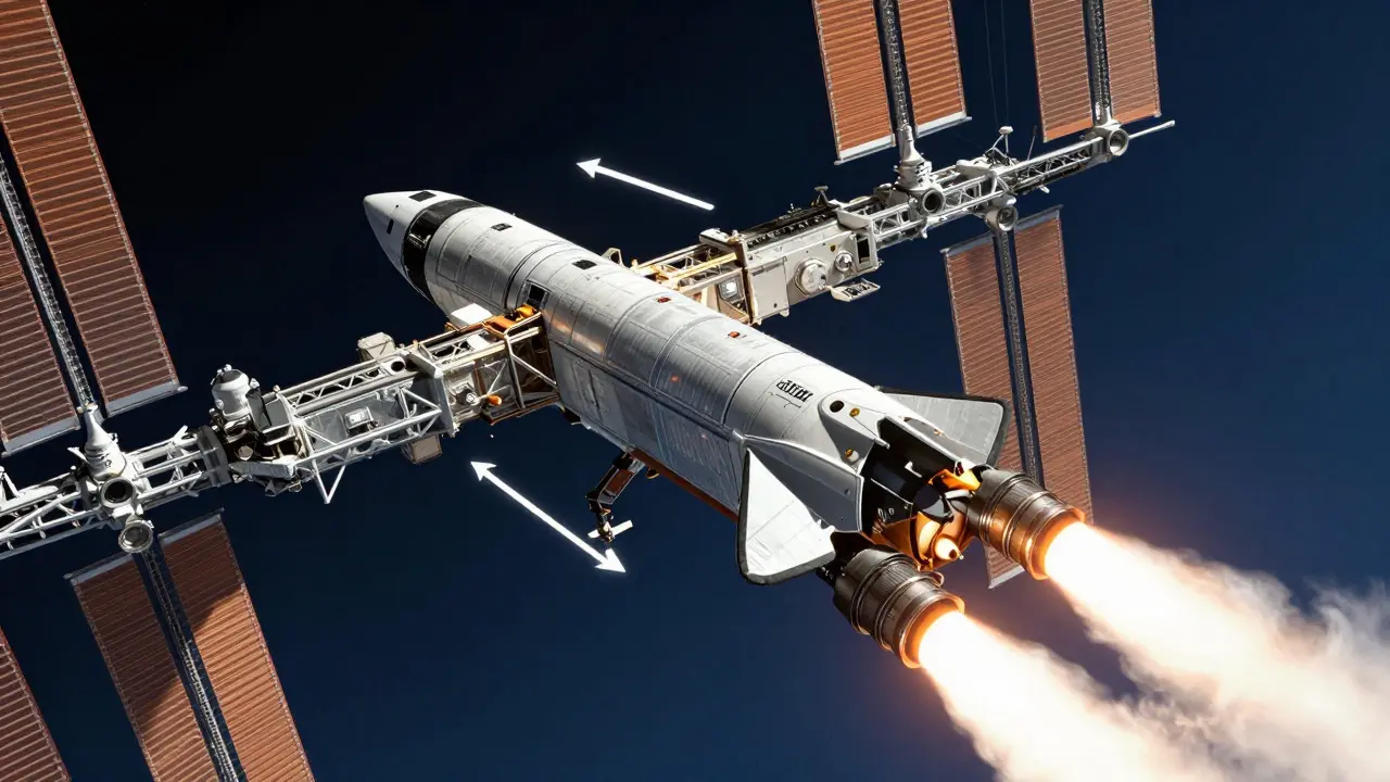 SpaceX Dragon spacecraft performing a reboost burn attached to the ISS