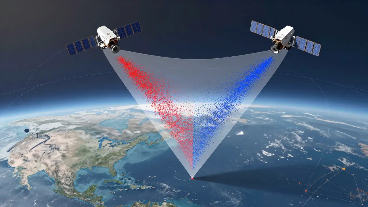 Two satellites converging over Earth to demonstrate simultaneous nadir overpass calibration.