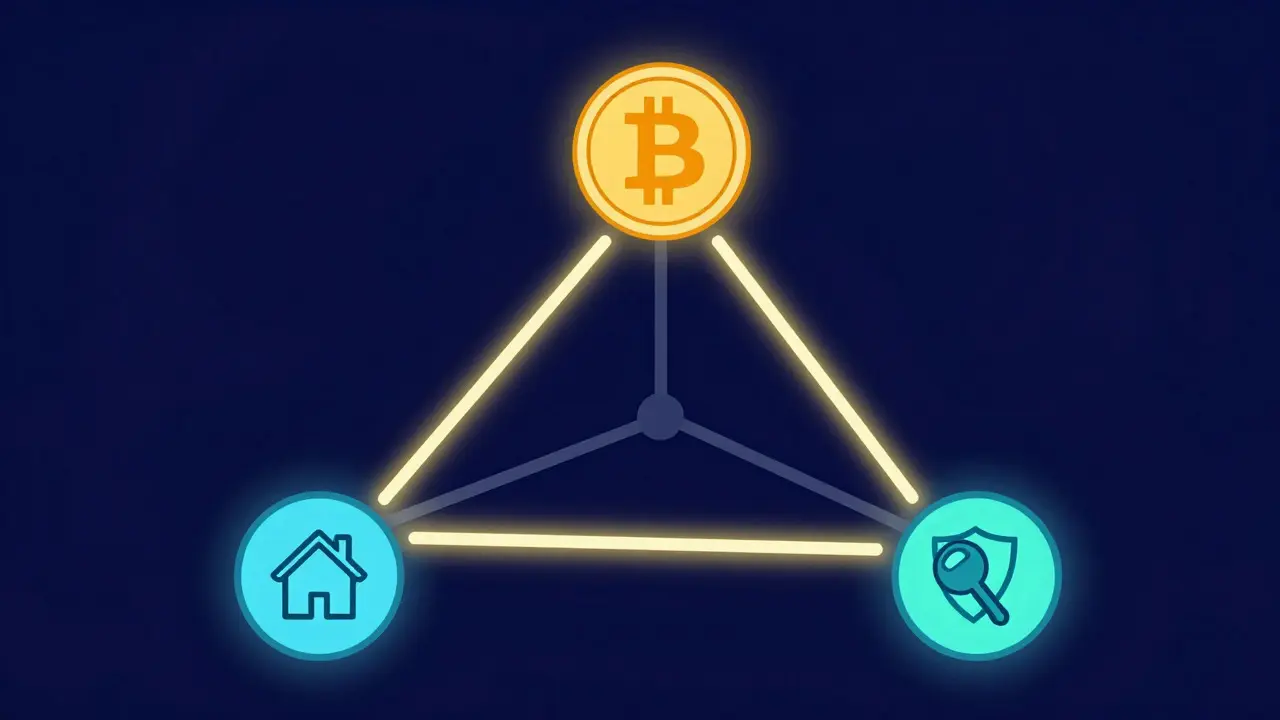 Vector diagram showing a 2-of-3 multisig setup with two active keys connecting to a Bitcoin coin