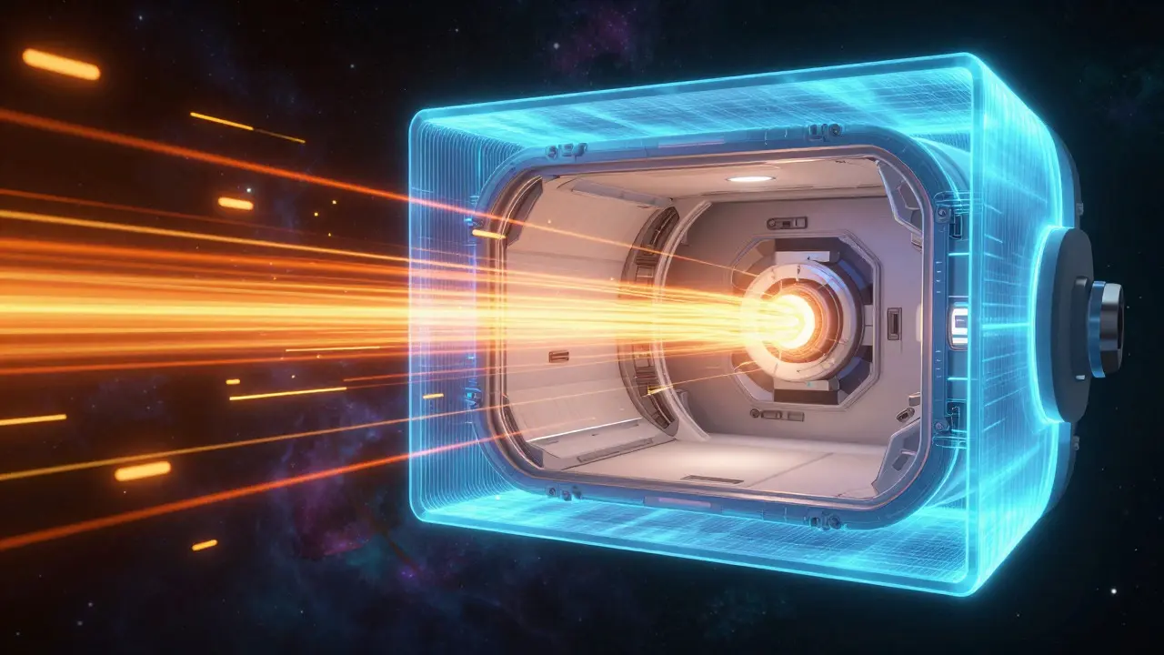 Visualization of magnetic field bending charged particles away from a spacecraft
