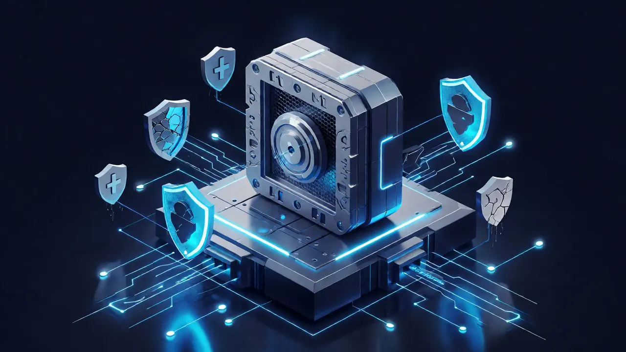 3D visualization of a digital vault protecting crypto assets from leaks