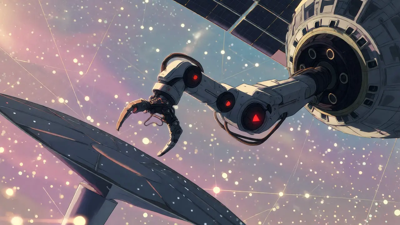 A robotic spacecraft approaches a commercial satellite, illustrating the dual-use weapon dilemma.