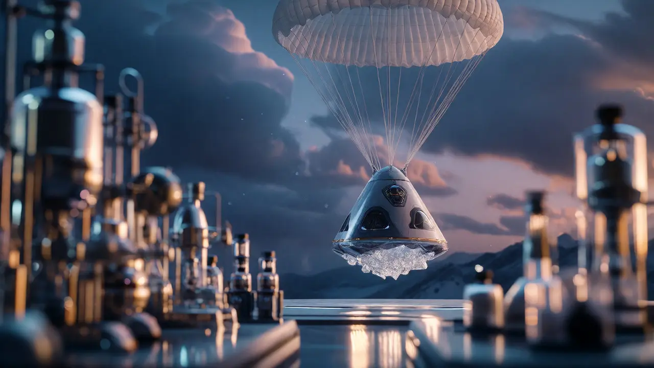 A spacecraft capsule returning high-quality pharma crystals to Earth.