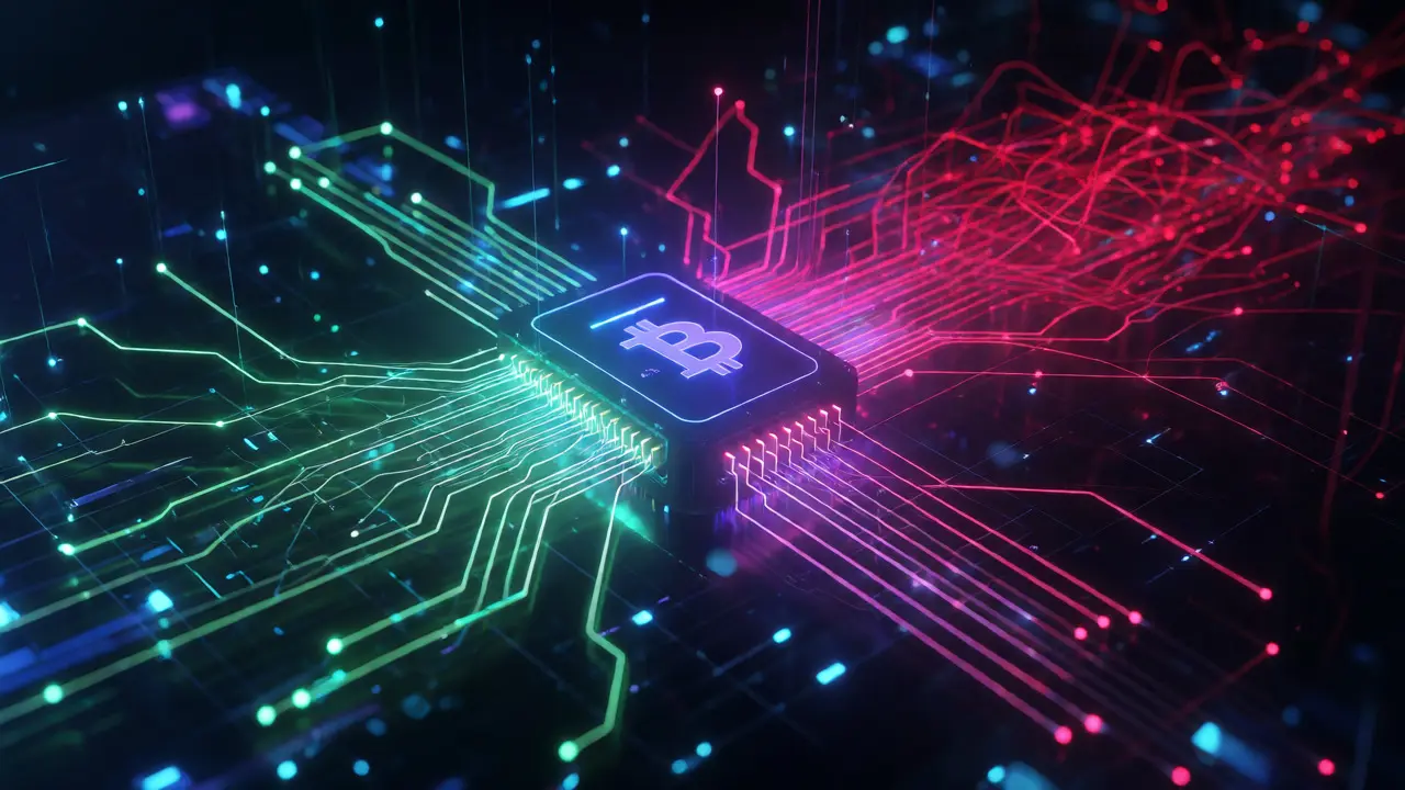 Abstract digital network showing branching algorithmic paths for Bitcoin coin selection.