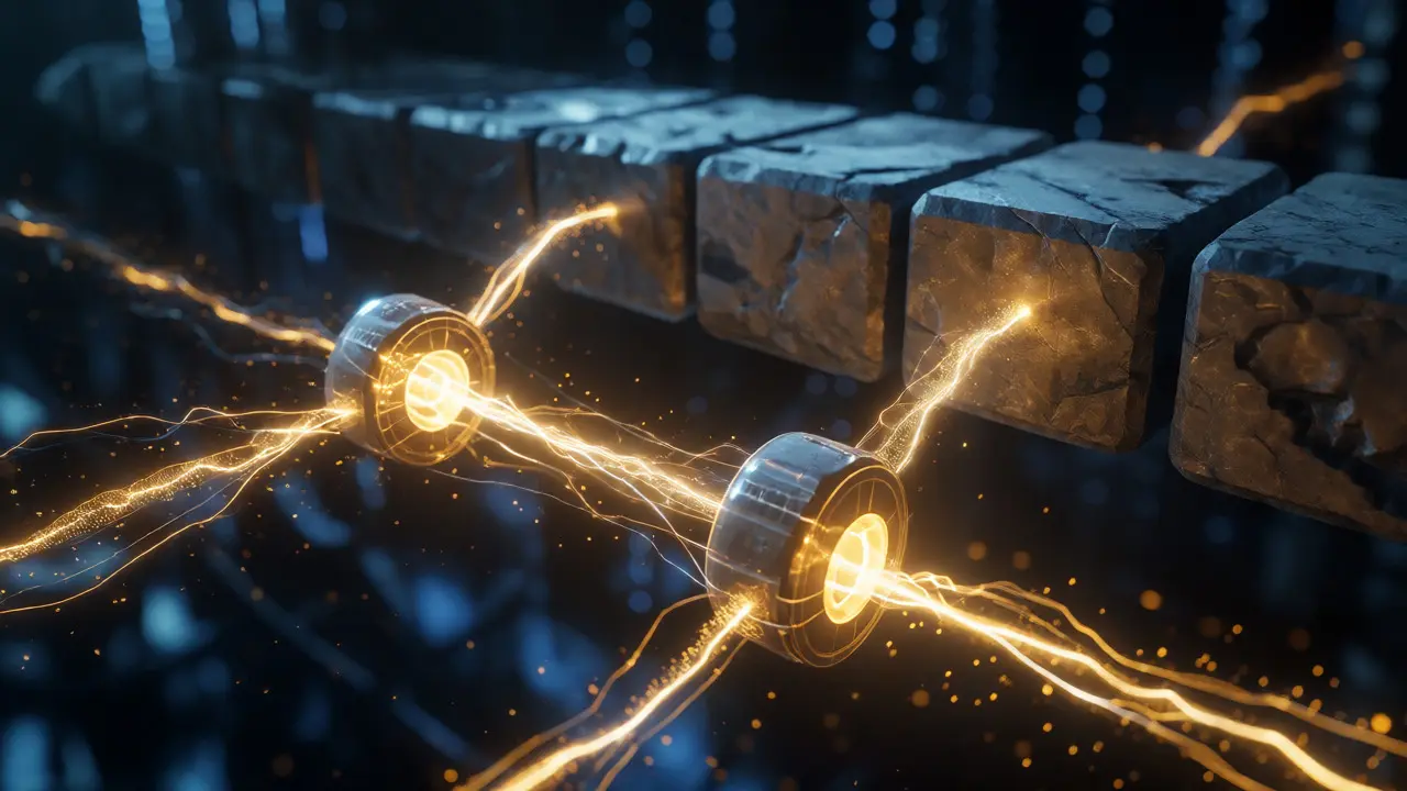 Abstract visualization of fast Lightning Network channels vs slow blockchain