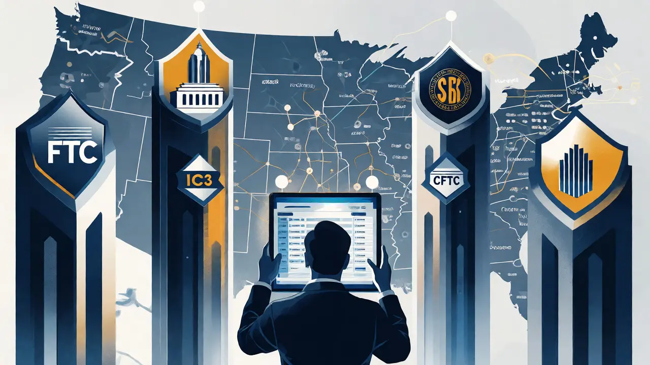 Abstract visualization of US agencies handling cryptocurrency fraud reports