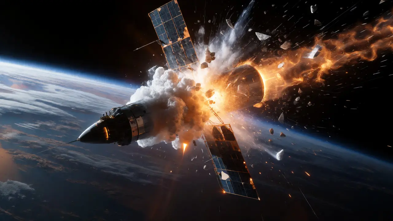 An anti-satellite missile destroys a satellite, creating a cloud of dangerous orbital debris.