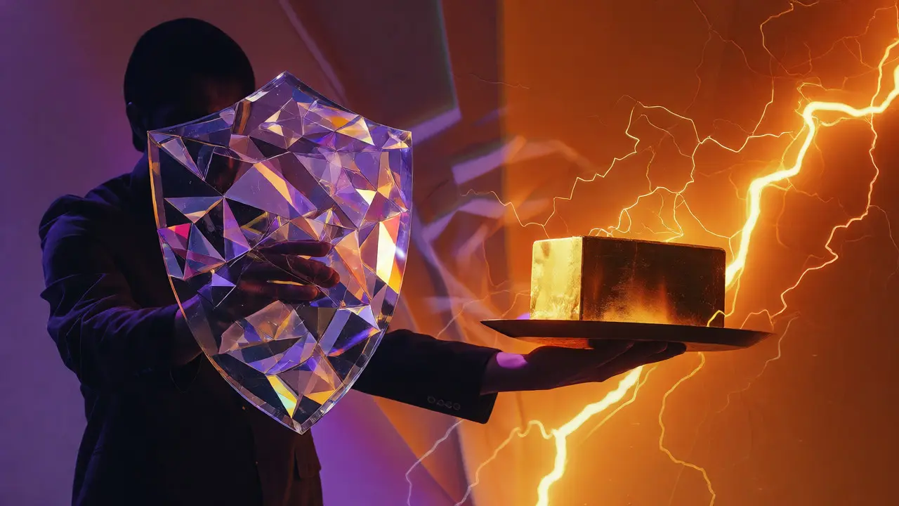 Artistic depiction of balancing privacy fragments against heavy financial costs.