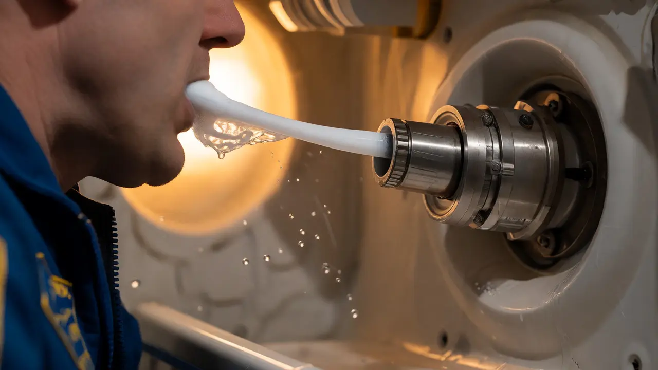 Astronaut brushing teeth with suction device in space