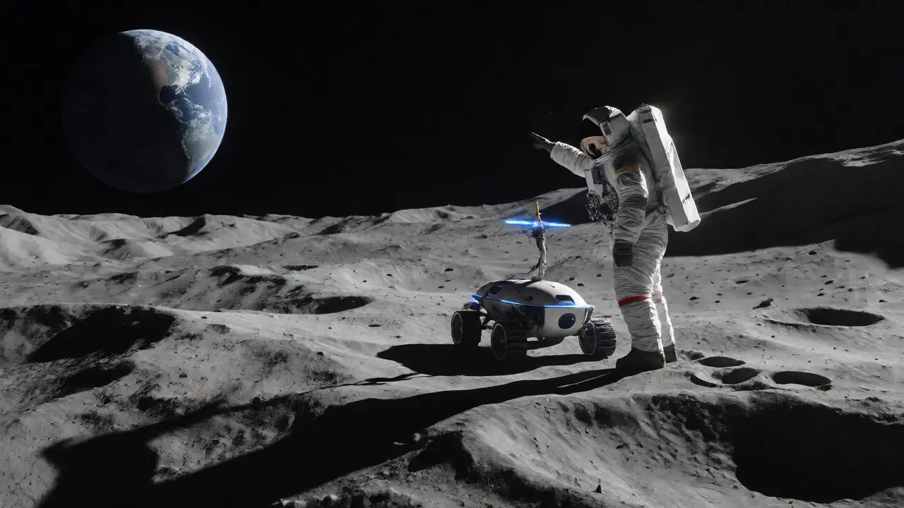 Astronaut guiding a rover on the lunar surface using hand gestures