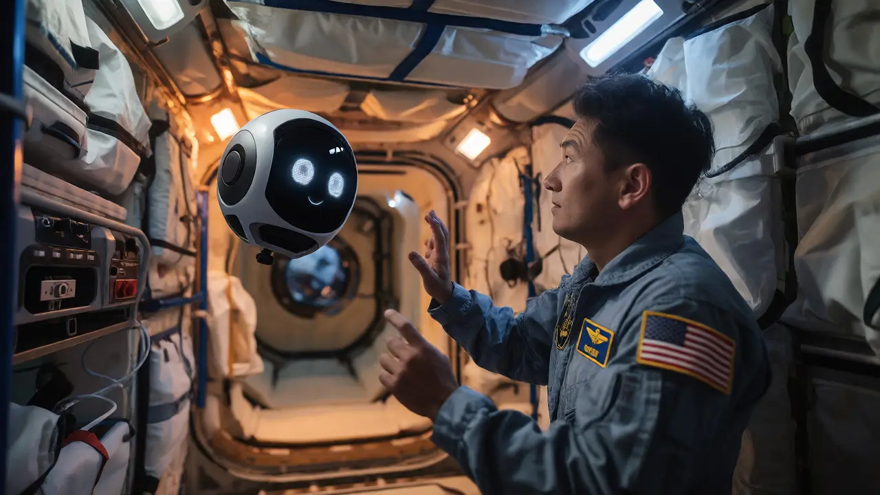 Astronaut interacting with the CIMON AI robot inside the space station