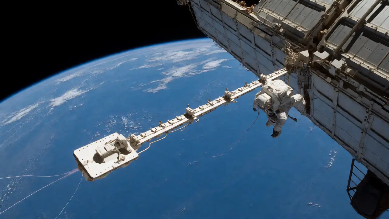Astronaut on spacewalk near ISS Plasma Contactor Unit neutralizing charge