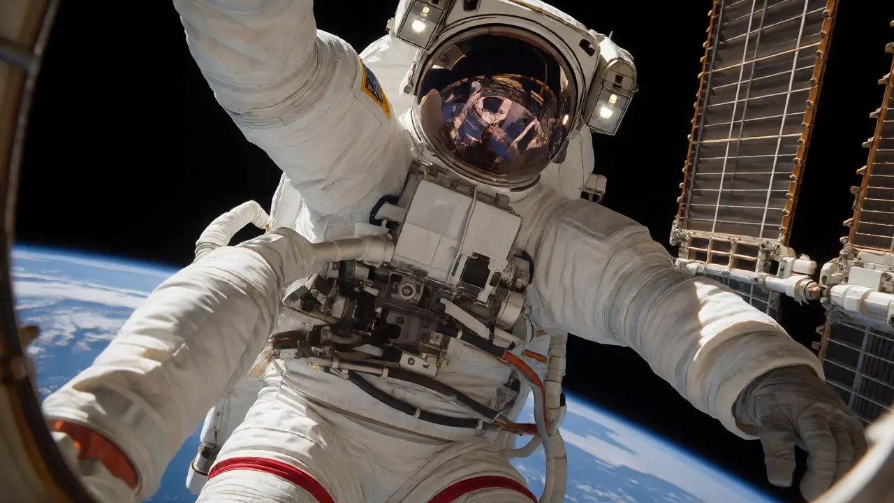 Astronaut on spacewalk showing cooling suit systems