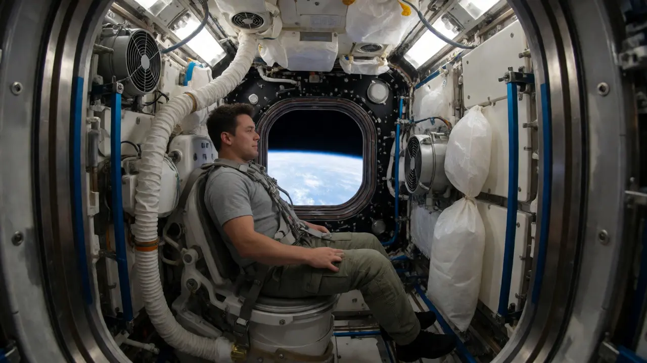 Astronaut strapped into the vacuum-suction toilet aboard the International Space Station.