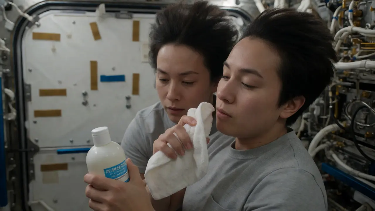 Astronaut taking a sponge bath with floating water spheres in the space station.