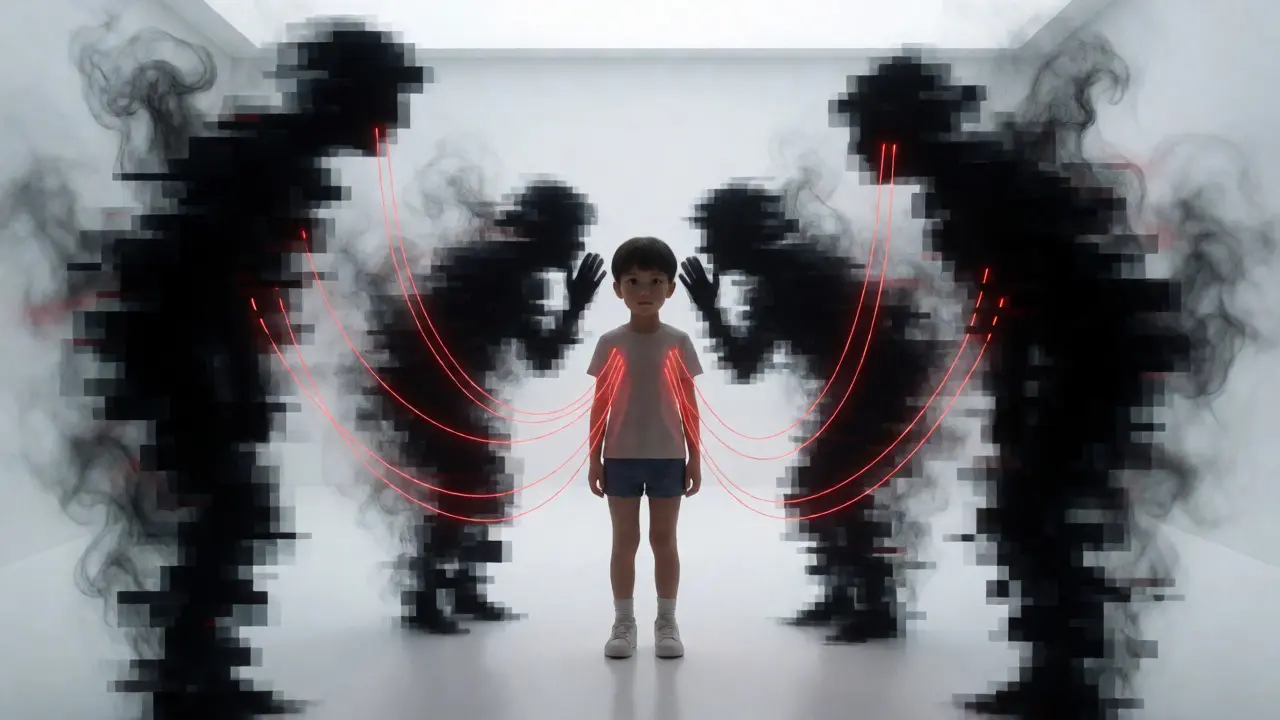 Child avatar surrounded by shadowy glitching figures in a virtual void