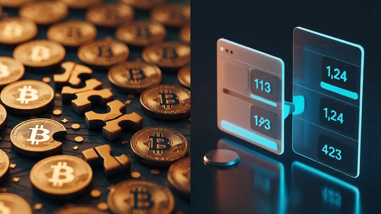 Comparison of Bitcoin's UTXO coin-splitting model versus Ethereum's direct account balance updates.