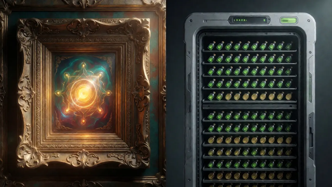 Comparison of single unique ERC-721 artwork versus batch-efficient ERC-1155 gaming items