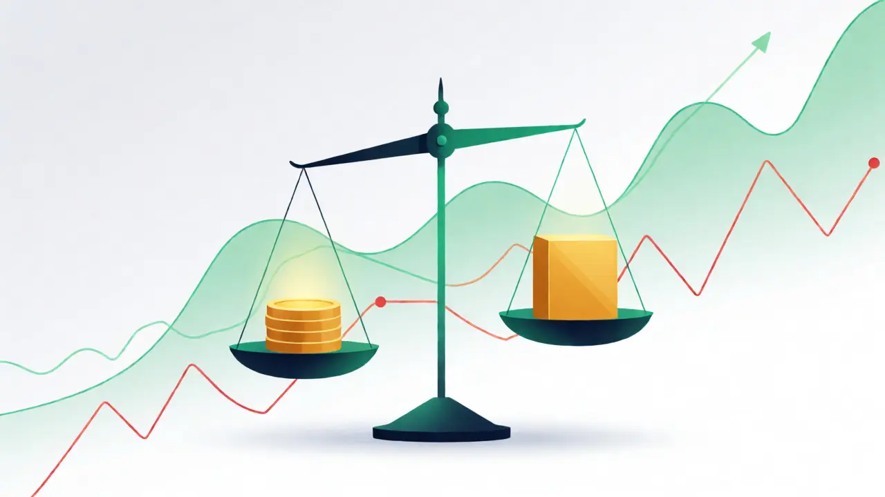 Conceptual scale balancing small and large gold stacks for risk management.