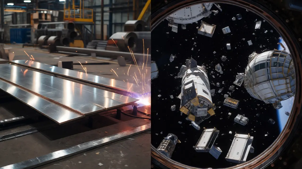 Contrast between rocket manufacturing factories and orbital space debris.