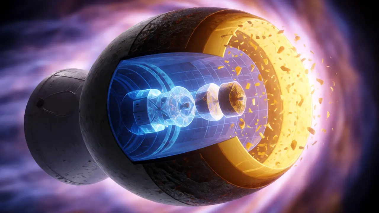 Cross-section of a probe showing ablative heat shield layers