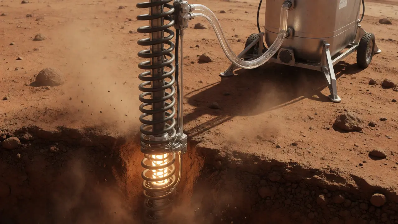 Diagrammatic view of RedWater drill extracting subsurface ice on Mars.