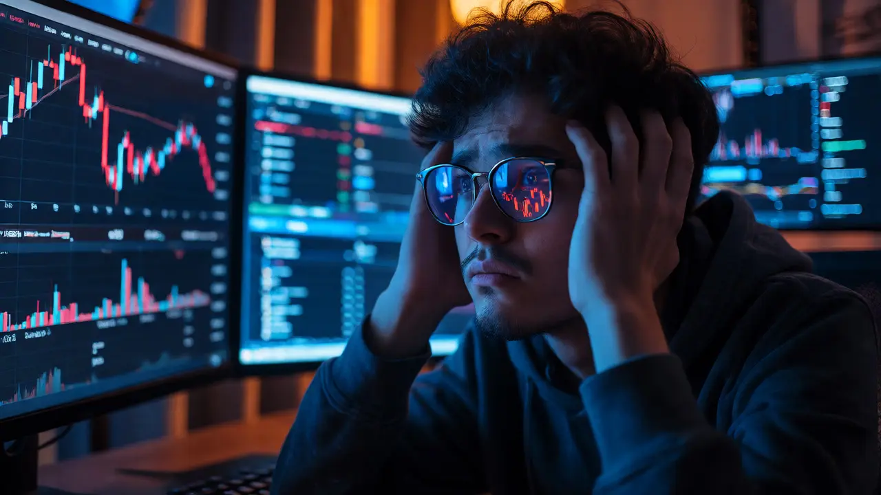 Distressed trader staring at red crashing price charts on multiple monitors in a dark room.
