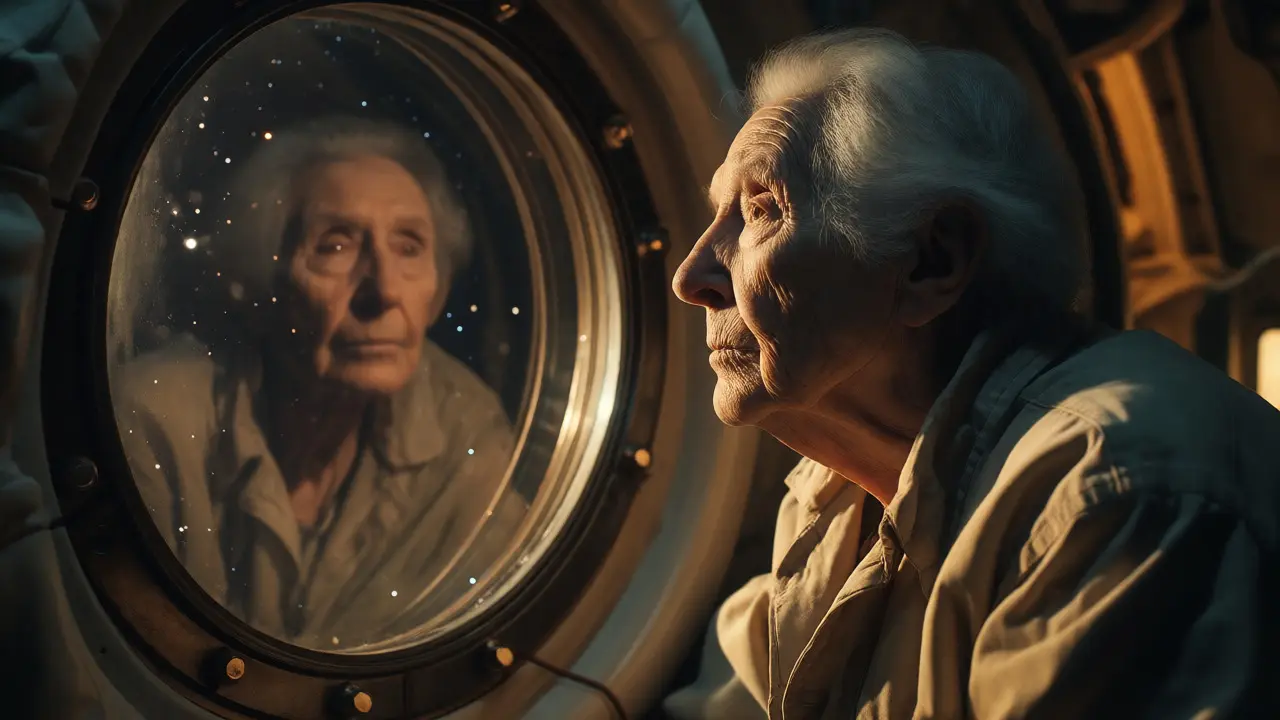 Elderly resident looking out a spaceship porthole at stars