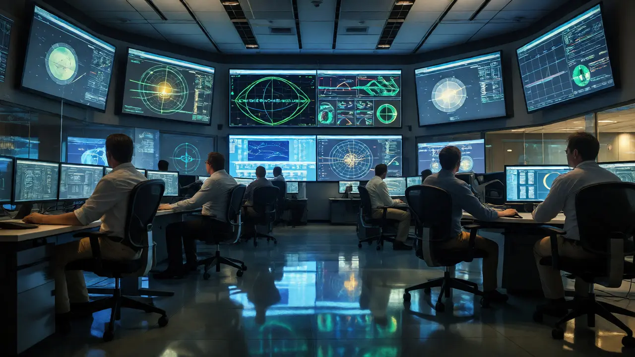 Engineers monitoring orbital data on large screens inside a mission control center.