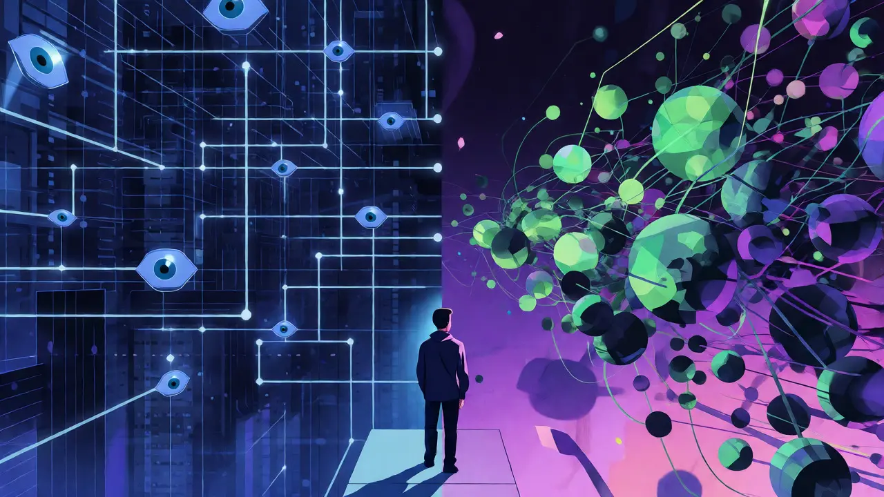 Figure standing between a monitored grid city and a chaotic crypto network visualization.