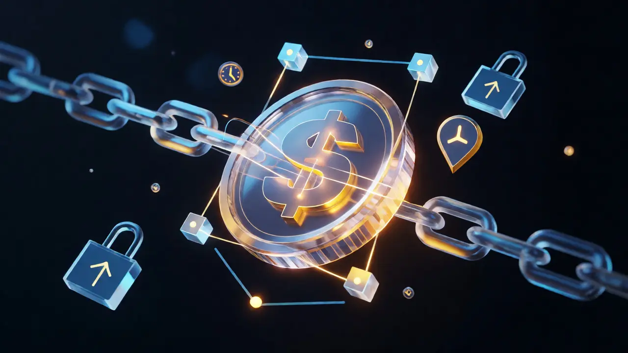 Futuristic coin surrounded by digital locks representing programmable money restrictions.