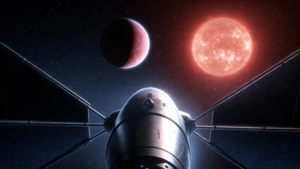 Futuristic spacecraft approaching the Proxima Centauri star system