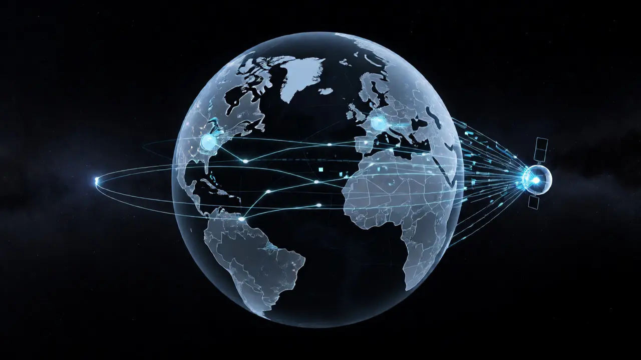 Glowing lines connecting global ground stations to a satellite in orbit.