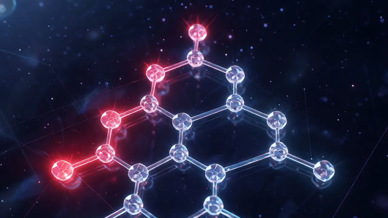 Glowing Merkle Patricia Trie structure highlighting how a single state change affects the root hash.